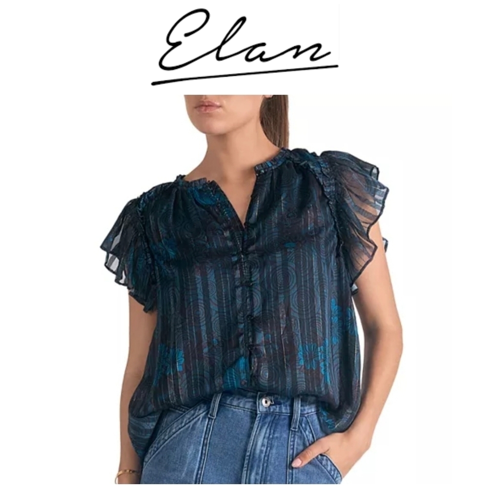Elan ◇ Jewel-Tone, Sheer, Ruffle Sleeve Blouse ◇ Medium ◇ NWT